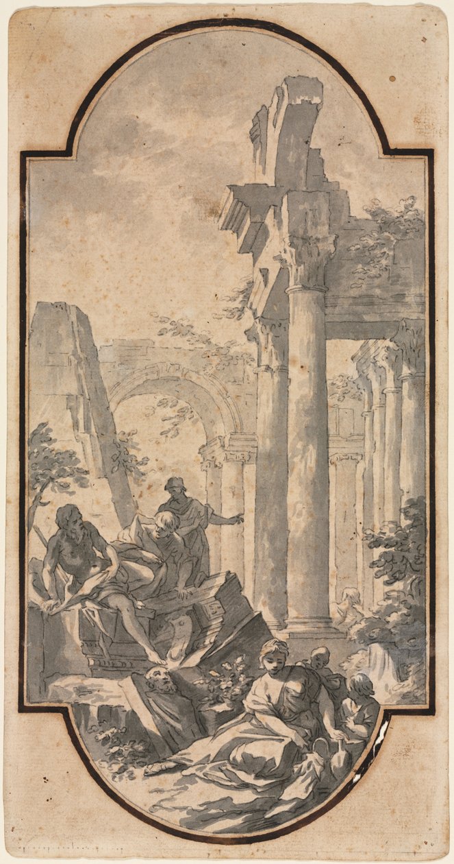 Figurer nära ruinerna av ett korintiskt tempel recto, fragment av en båge spårning från recto ver av Andrea Locatelli