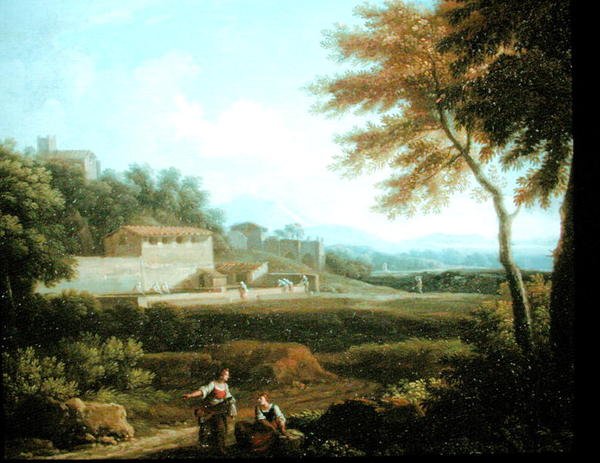 Landskap med figurer i vila med en stad bortom (olja på duk) av Andrea Locatelli