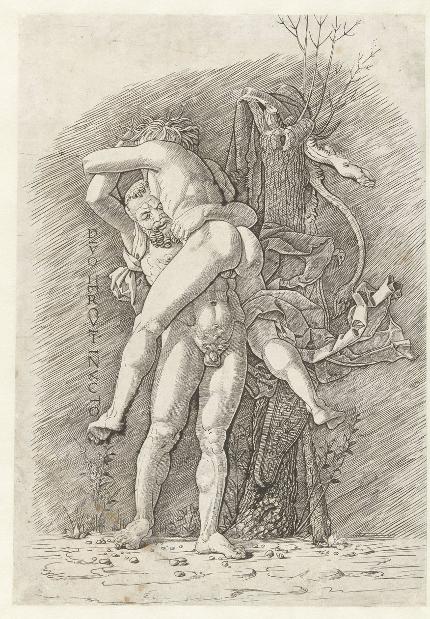 Hercules och Antaeus Den oövervinnelige guden Hercules (titel på objekt) av Andrea Mantegna (school of)