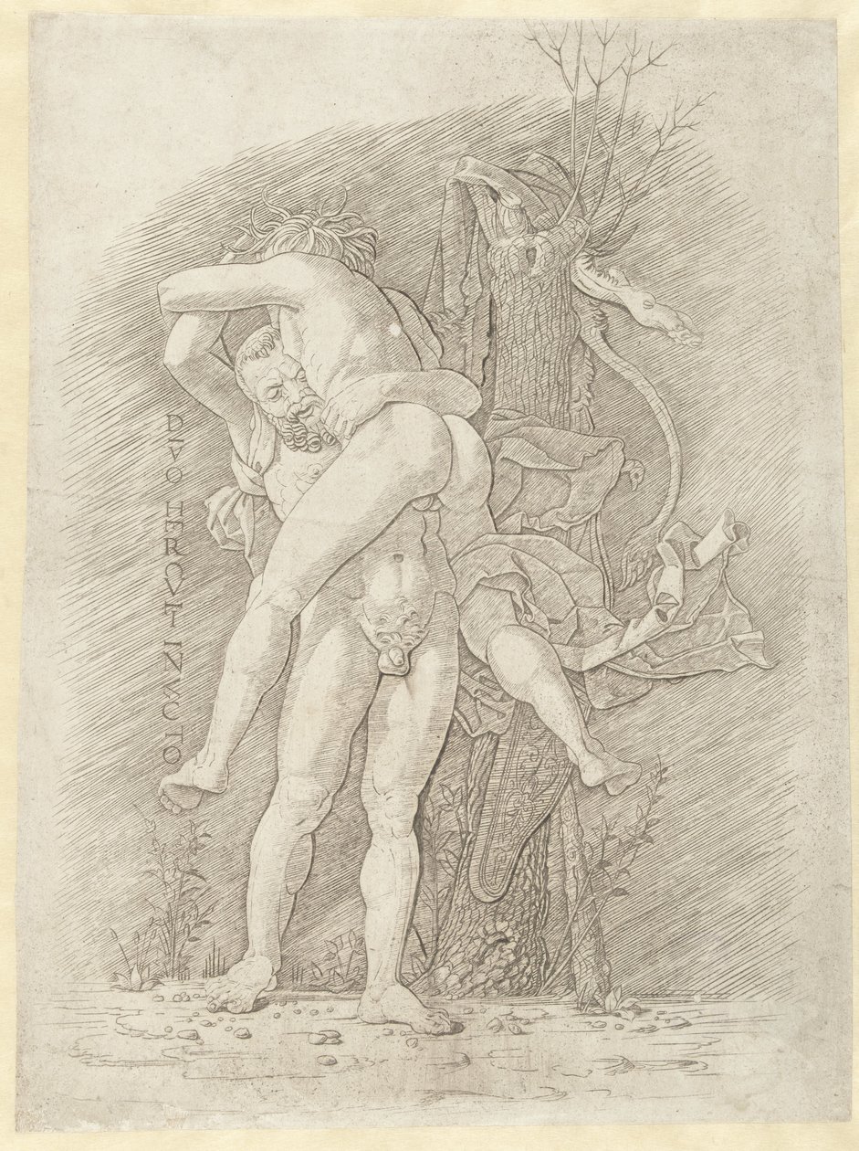 Hercules och Antaeus Den oövervinnelige guden Hercules (titel på objekt) av Andrea Mantegna (school of)
