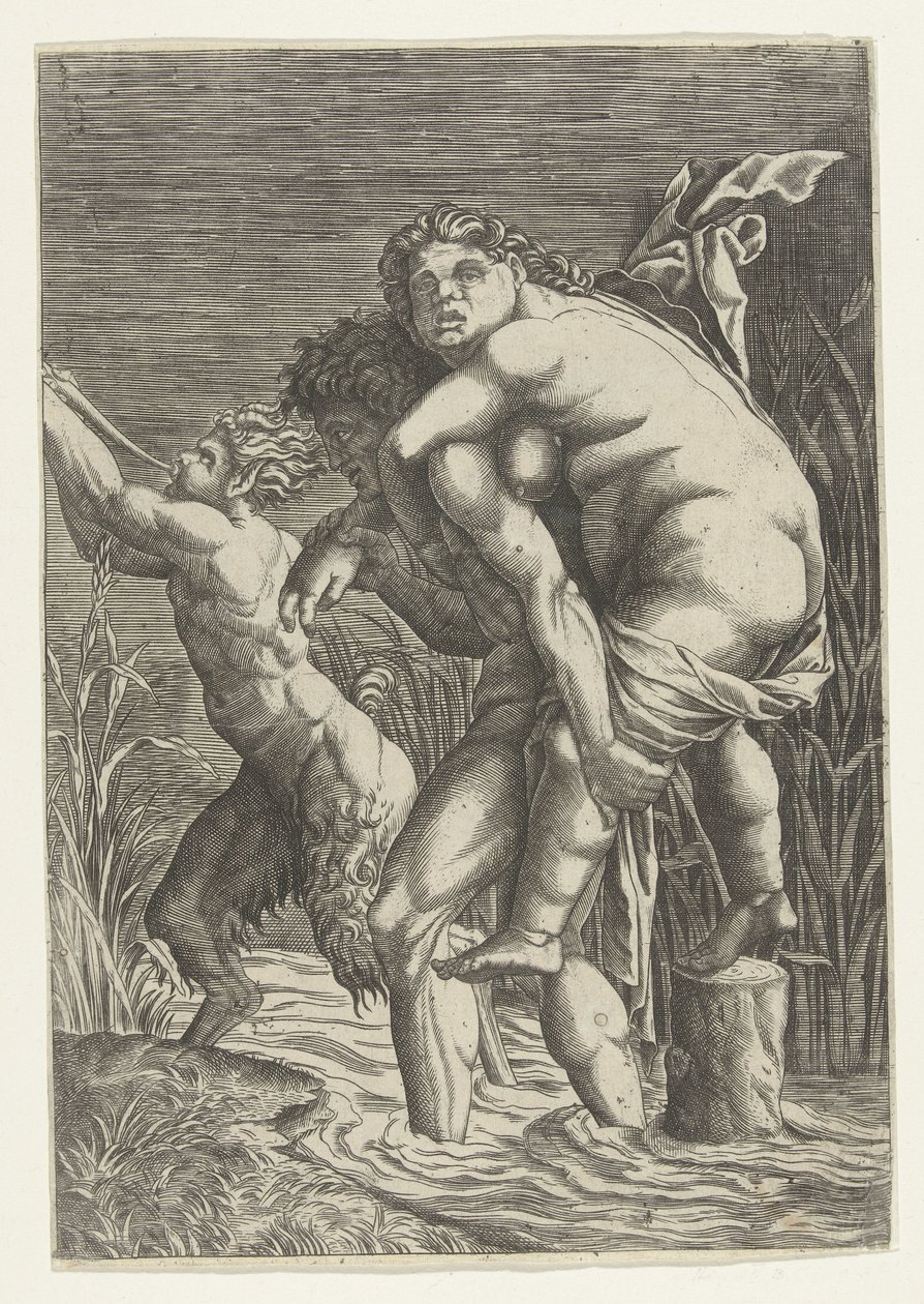 Man bär kvinna på ryggen och en satyr av Andrea Mantegna (school of)