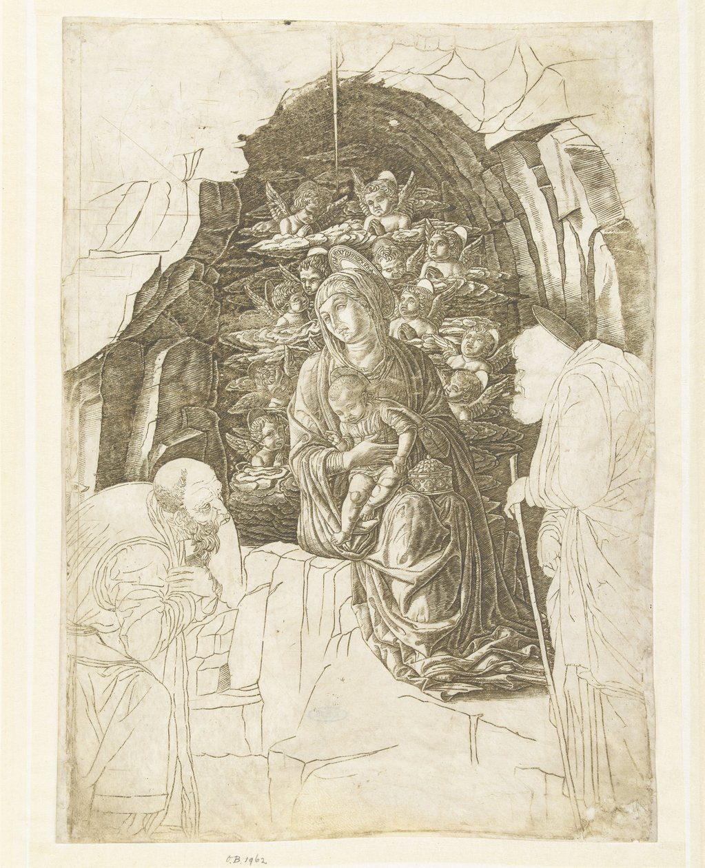 Maria med barn omgiven av änglar i grottan med Josef och kung i tillbedjan av Andrea Mantegna (school of)
