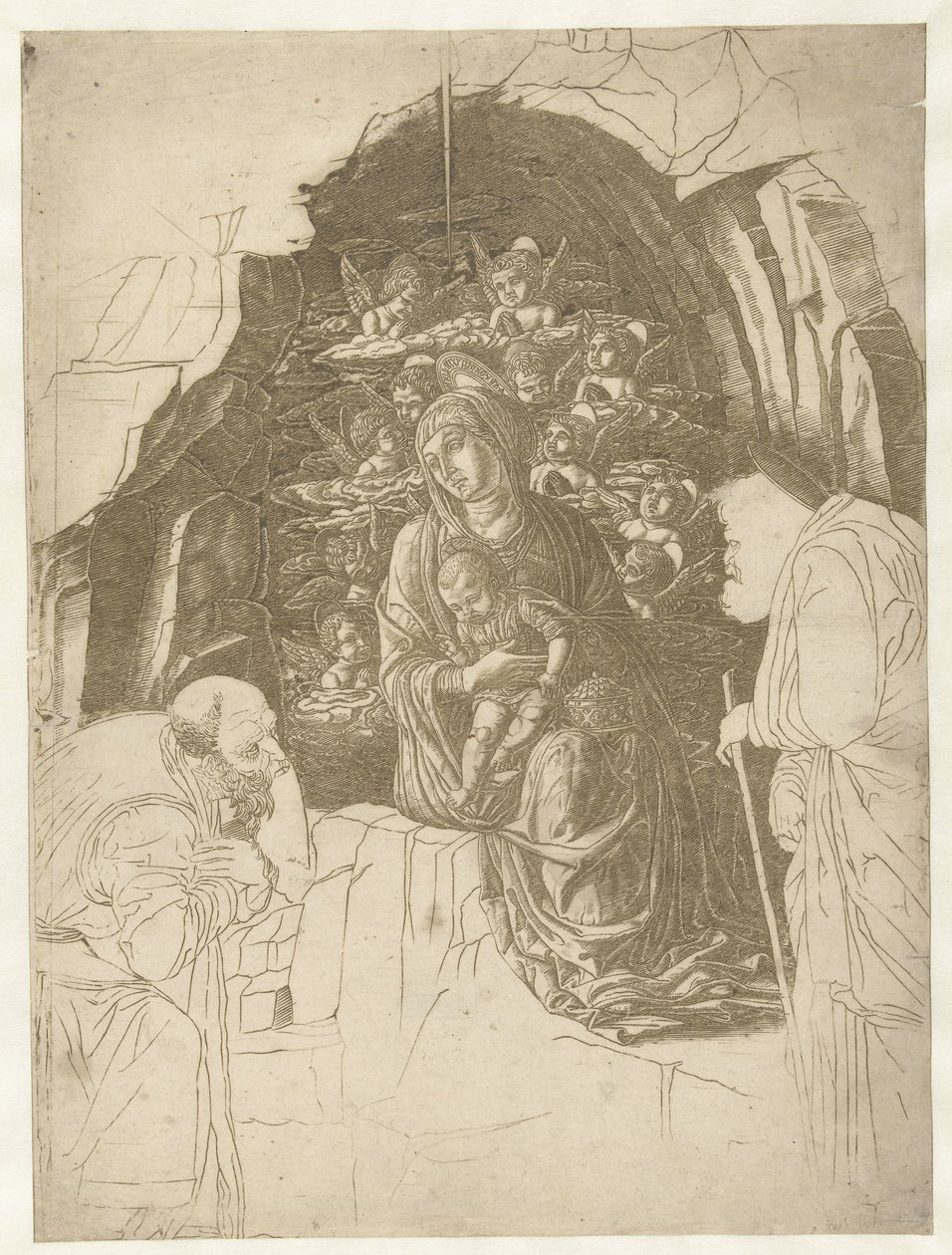 Maria med barn omgiven av änglar i grottan med Josef och kung i tillbedjan av Andrea Mantegna (school of)