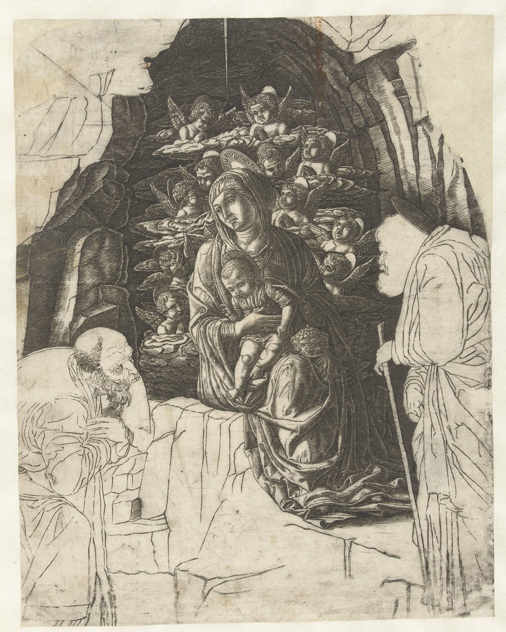 Maria med barn omgiven av änglar i grottan med Josef och kung i tillbedjan av Andrea Mantegna (school of)