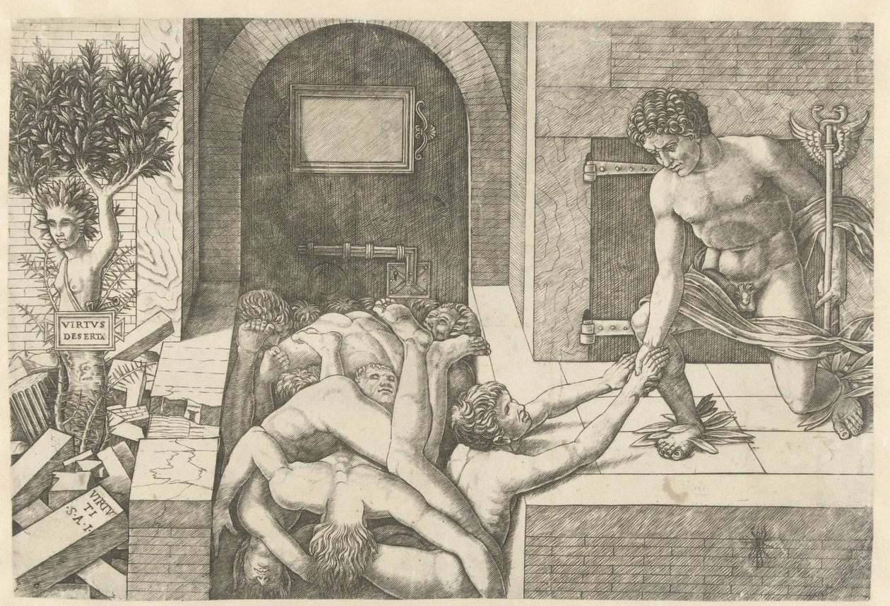 Merkurius som personifiering av dygd räddar själar i Limbo och Daphne förvandlas till ett träd Virtus Deserta (titel på objekt) av Andrea Mantegna (school of)