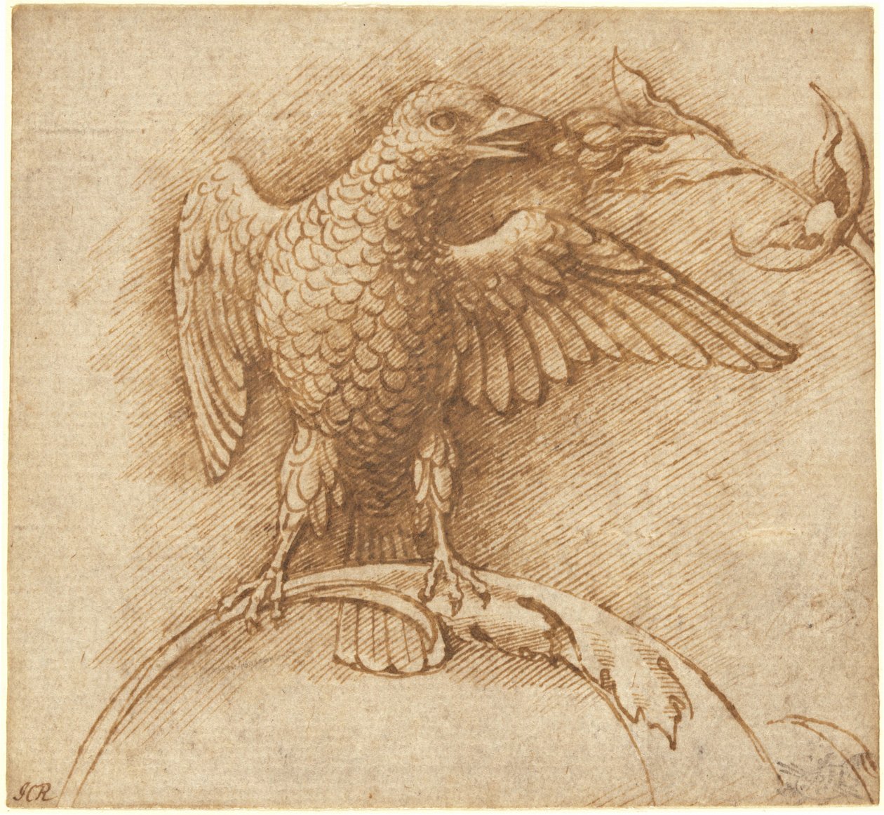 En fågel uppflugen på en gren med frukt av Andrea Mantegna