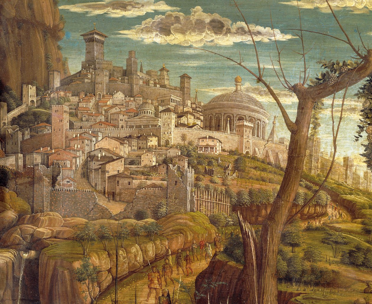 Agony in Garden av Andrea Mantegna (1431-1506), tempera på trä, 71x94 cm, detaljvy av Jerusalem av Andrea Mantegna