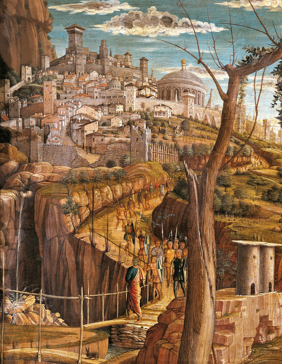 Agony in Garden av Andrea Mantegna (1431-1506), tempera på trä, 71x94 cm, detaljvy av Jerusalem av Andrea Mantegna
