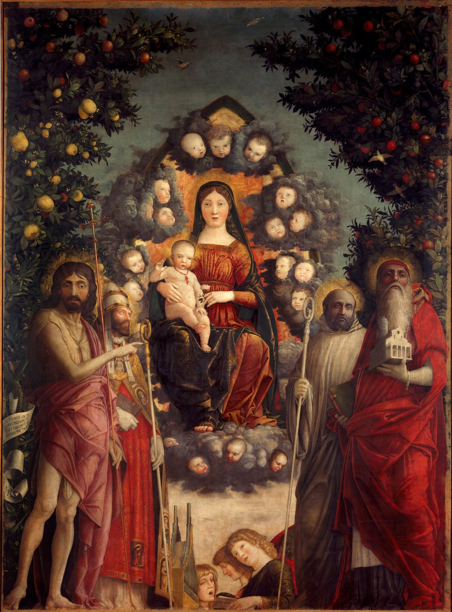 Altartavla Trivulzio "" Det heliga samtalet"" Jungfrun och Jesus Kristus representerade i en mandorla. De är omgivna av Johannes Döparen, påven Saint Gregoire I den store (540-604), Saint Hieronymus (som bär en kyrka och böcker), Saint Benedict (dre) av Andrea Mantegna