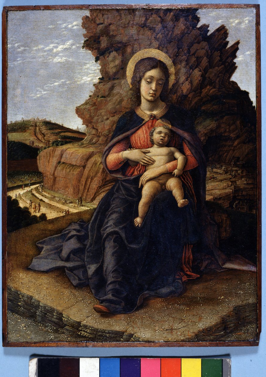 Andrea Mantegna, "Jungfrun av stenbrott"": Virgin and Child och på bakgrunden stenbrott med arbetare på jobbet, Uffizi Gallery, Florens av Andrea Mantegna