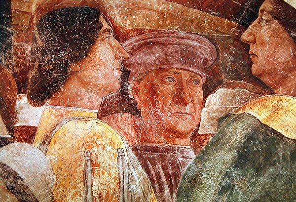 Ankomst av kardinal Francesco Gonzaga, detalj av Mantegna och hovmän på höger sida, ca 1465-74 (detalj av 78454) av Andrea Mantegna