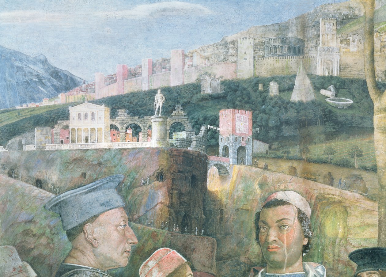 Ankomst av kardinal Francesco Gonzaga; detalj av bakgrunden som visar en idealiserad vy av Rom, från Camera degli Sposi eller Camera Picta, 1465-74 freskdetalj av 78449 av Andrea Mantegna