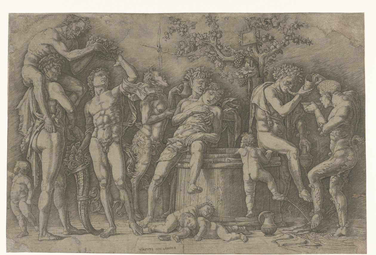 Bacchanal med satyrer och bacchanter vid vinpress av Andrea Mantegna