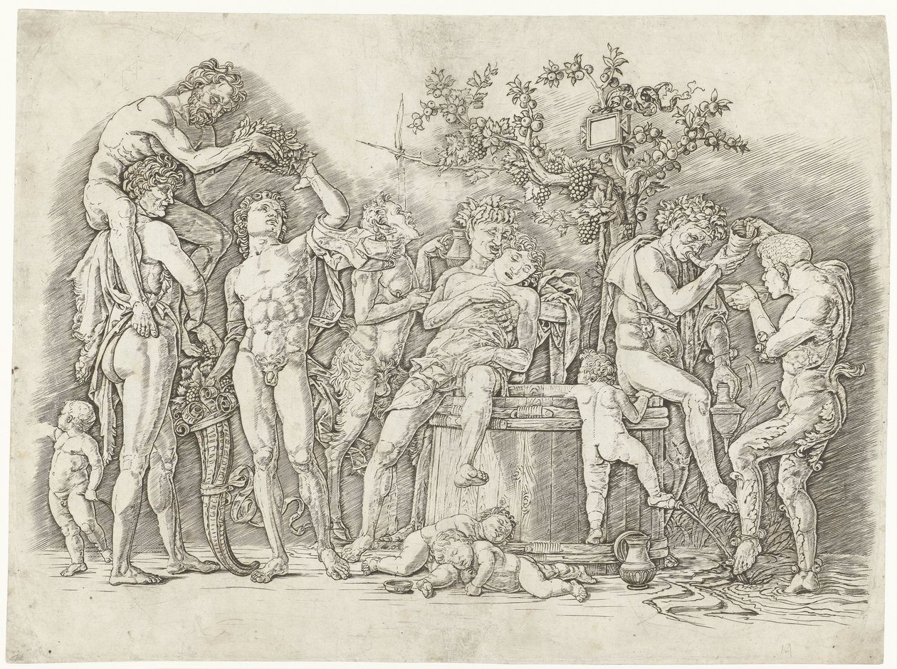 Bacchanal med satyrer och bacchanter vid vinpress av Andrea Mantegna