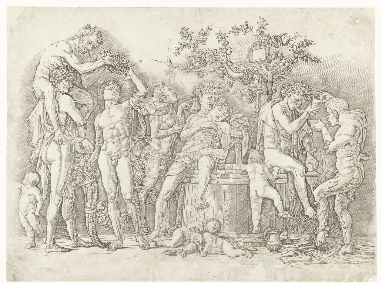 Bacchanal med satyrer och bacchanter vid vinpress av Andrea Mantegna