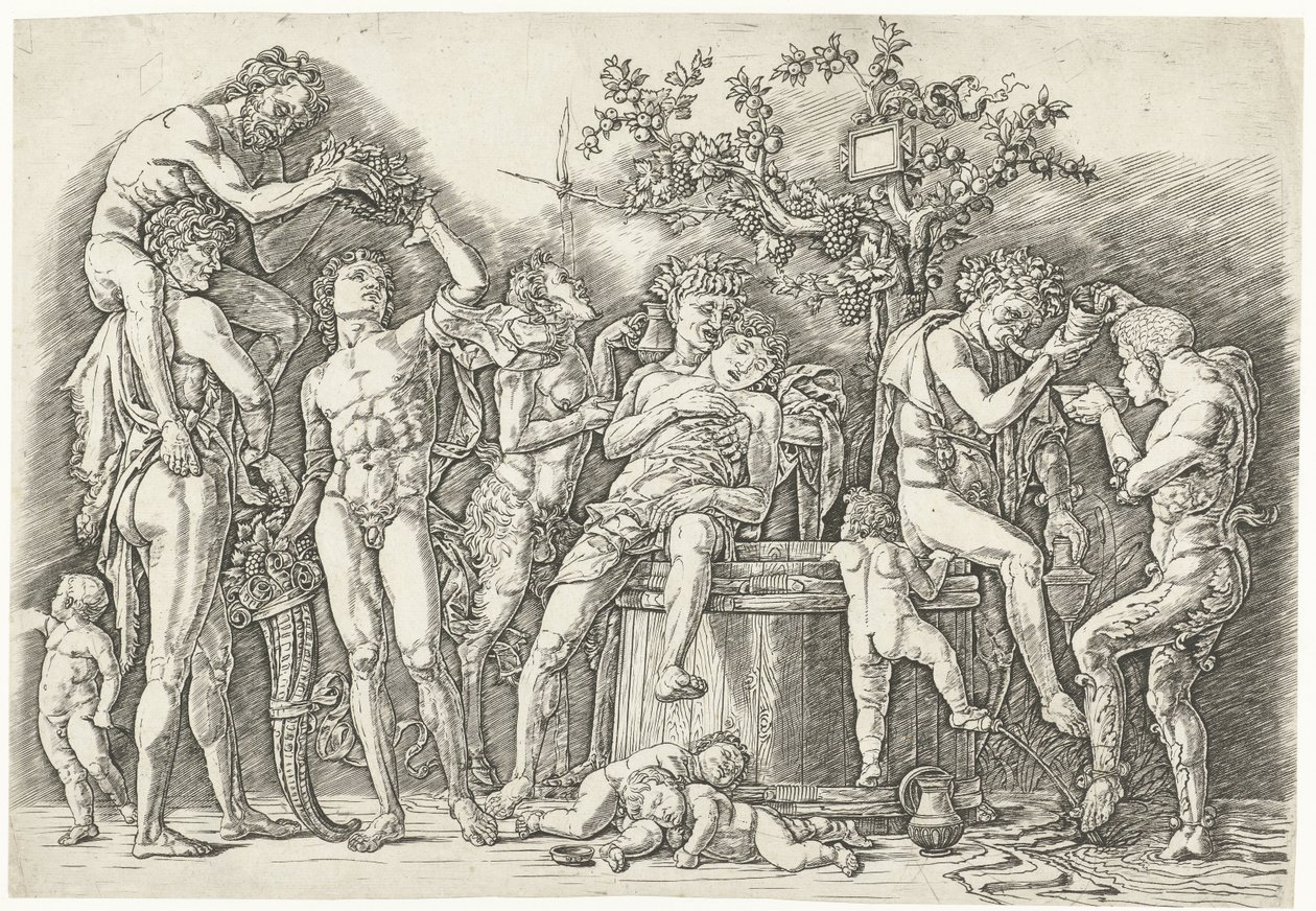 Bacchanal med satyrer och bacchanter vid vinpress av Andrea Mantegna