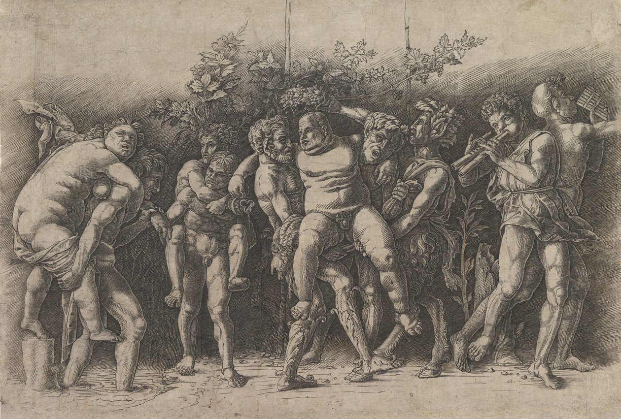 Bacchanal with Silenus, en friskomposition med tio figurer runt Silenus som är..., tidigt 1470-tal. av Andrea Mantegna
