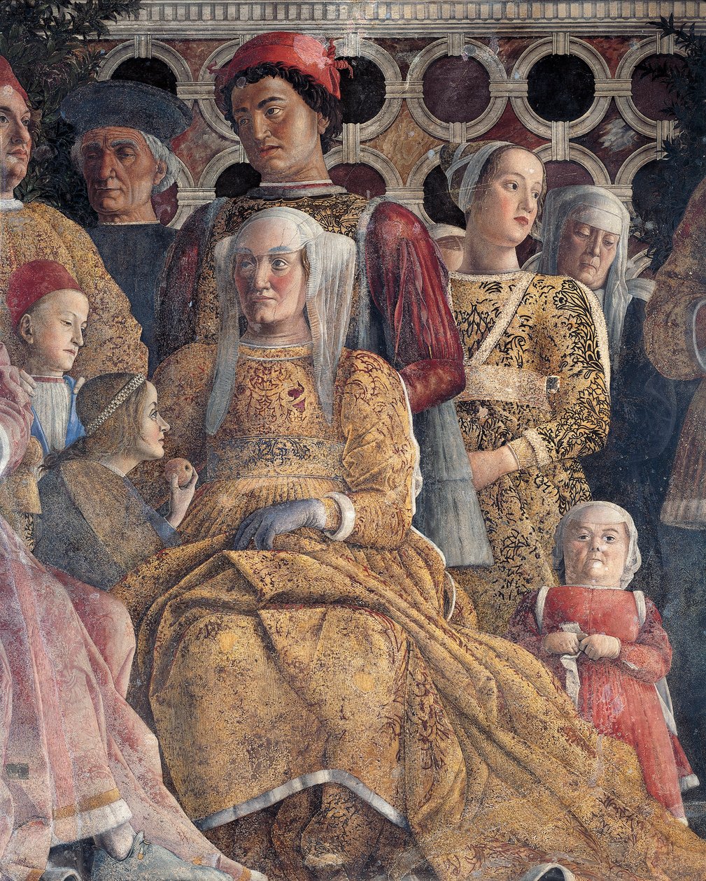 Barbara wa Brandenburg na binti yake Paula na Rodolfo Gonzaga, maelezo kutoka kwa Wall ya Mahakama, na Andrea Mantegna (1431-1506), fresco, San Giorgio Castle, Chumba cha Harusi au Camera Picta, Mantuaswed av Andrea Mantegna