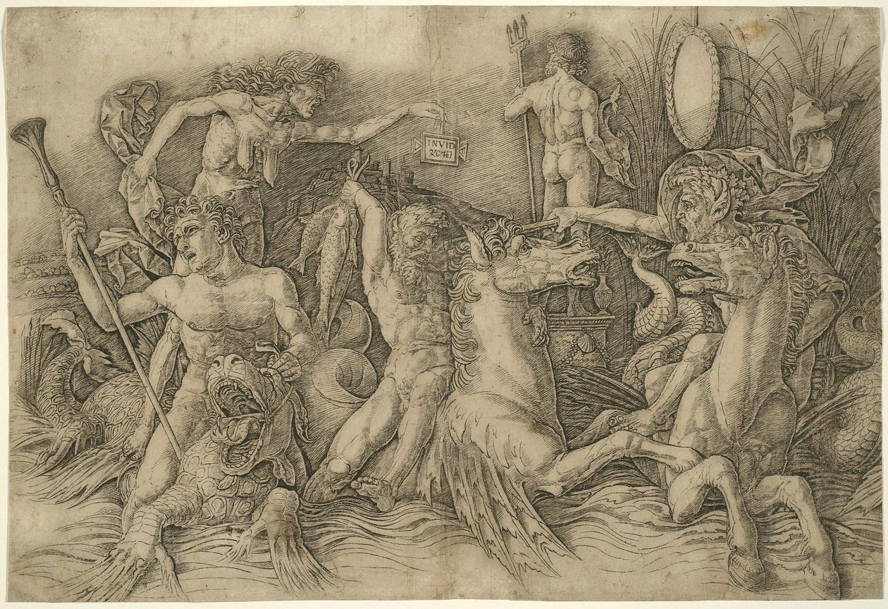 Battle of Sea-Gods, vänster halva fris av Andrea Mantegna