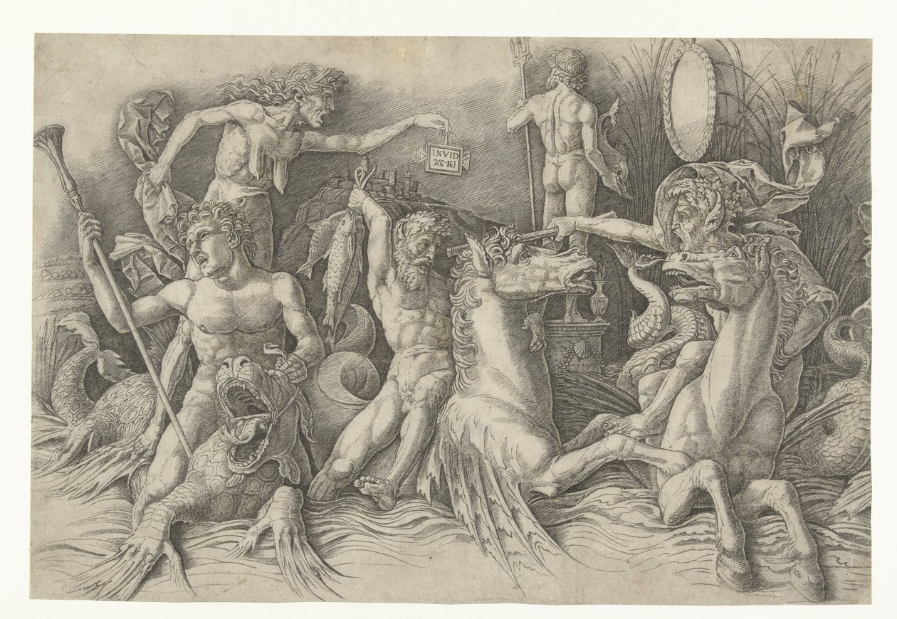 Battle of the Sea Gods, med Envy (Invidia) till vänster Strid mellan satyrer som rider på hippocampi och gammal kvinna som personifiering av avundsjuka som står på ryggen av draken Battle of Sea Gods av Andrea Mantegna