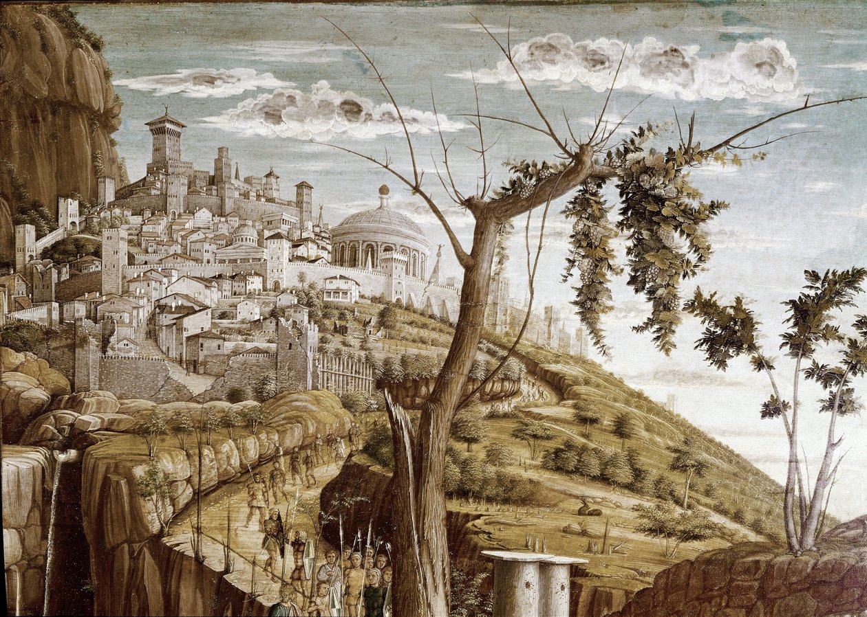 Kristus ber i olivträdens trädgård, vänster del av predellen, San Zenos altartavla (tempera på trä, ca 1457-1460) av Andrea Mantegna