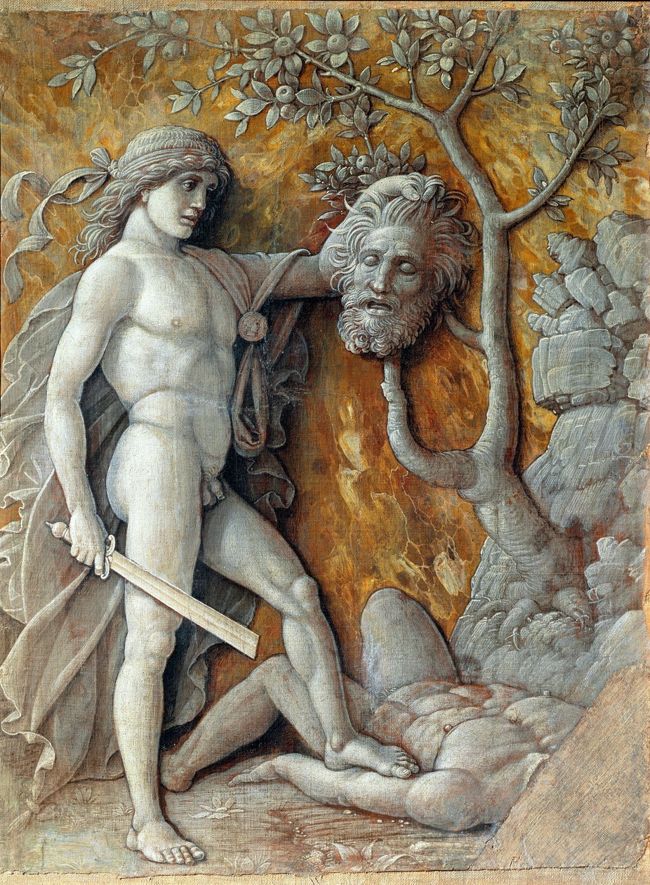 David Holding Goliaths huvudmålning av Andrea Mantegna (1431-1506) 1490 sön. 36x48,5 cm Wien, Kunsthistorisches Museum av Andrea Mantegna