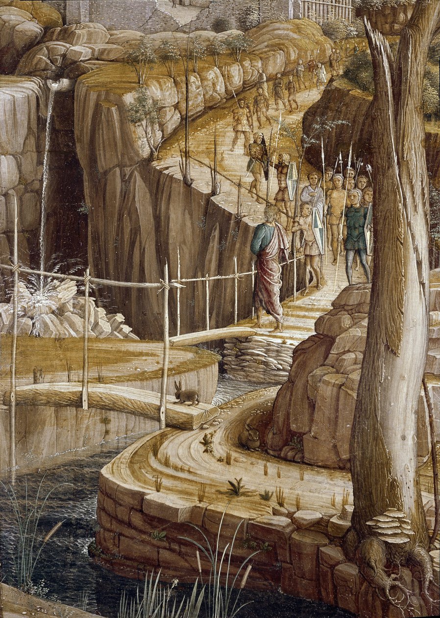 Detalj av "Bönen i olivträdens trädgård", Judas leder soldaterna till Jesus - Agony in the Garden av Andrea Mantegna