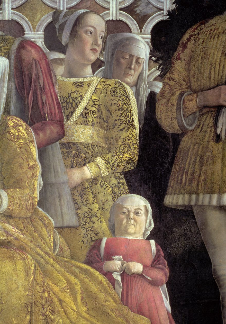 Dvärg och andra hovmän från gruppporträttet av familjen och hovet till Marchese Ludovico Gonzaga III av Mantua, från Camera degli Sposi eller Camera Picta, 1465-74 freskdetalj av 78449 av Andrea Mantegna