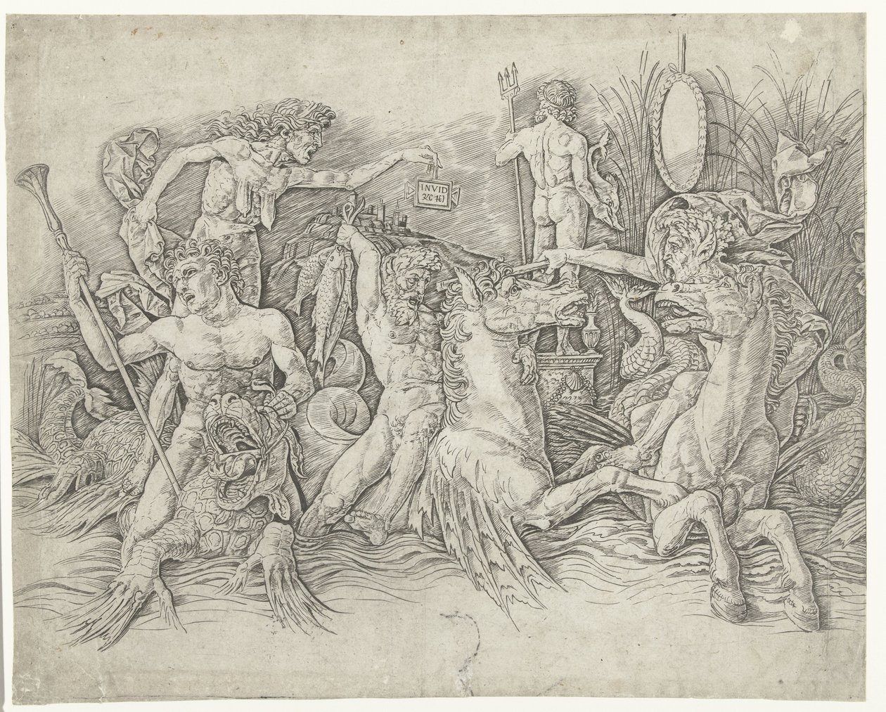 Strid mellan satyrer som rider på hippocampi och gammal kvinna som personifiering av avundsjuka som står på ryggen av draken Battle of Sea Gods av Andrea Mantegna