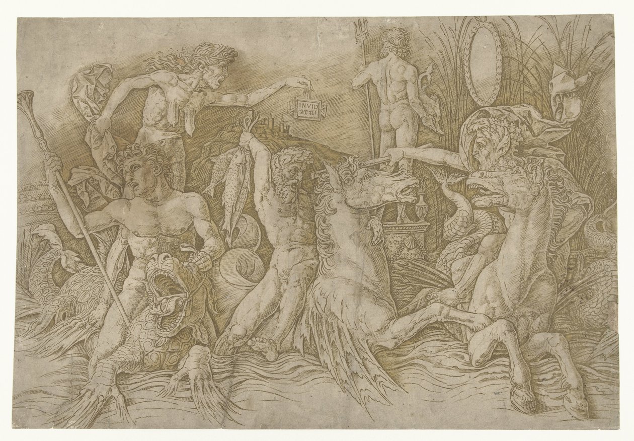 Strid mellan satyrer som rider på hippocampi och gammal kvinna som personifiering av avundsjuka som står på ryggen av draken Battle of Sea Gods av Andrea Mantegna