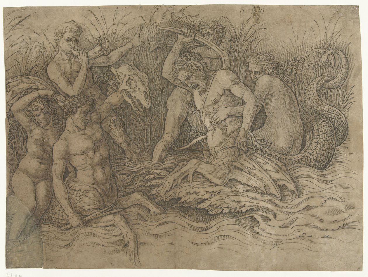 Strid mellan tritoner med nereider på ryggen Battle of Sea Gods av Andrea Mantegna