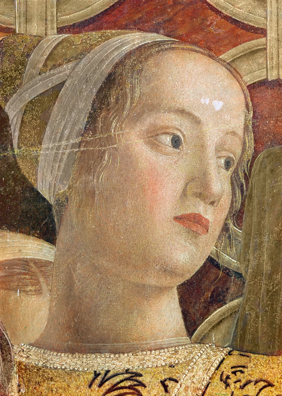 Chef för en kvinna, detalj av markisen Ludovico III Gonzaga och hans hov i Camera degli Sposi, c.1465-75 (detalj av 166336) av Andrea Mantegna