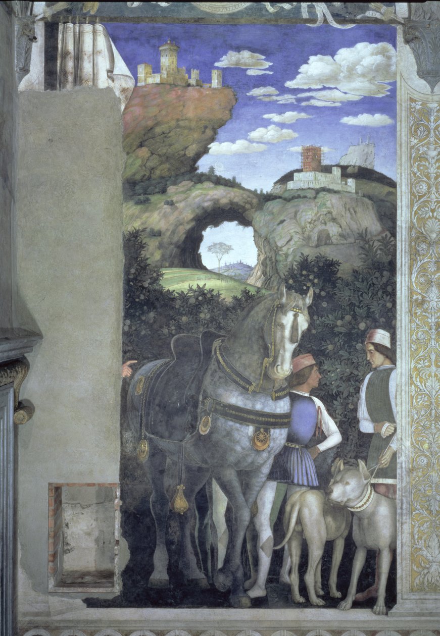 Häst och brudgum med jakthundar, från Camera degli Sposi eller Camera Picta, 1465-74 freskdetalj av 78449 av Andrea Mantegna