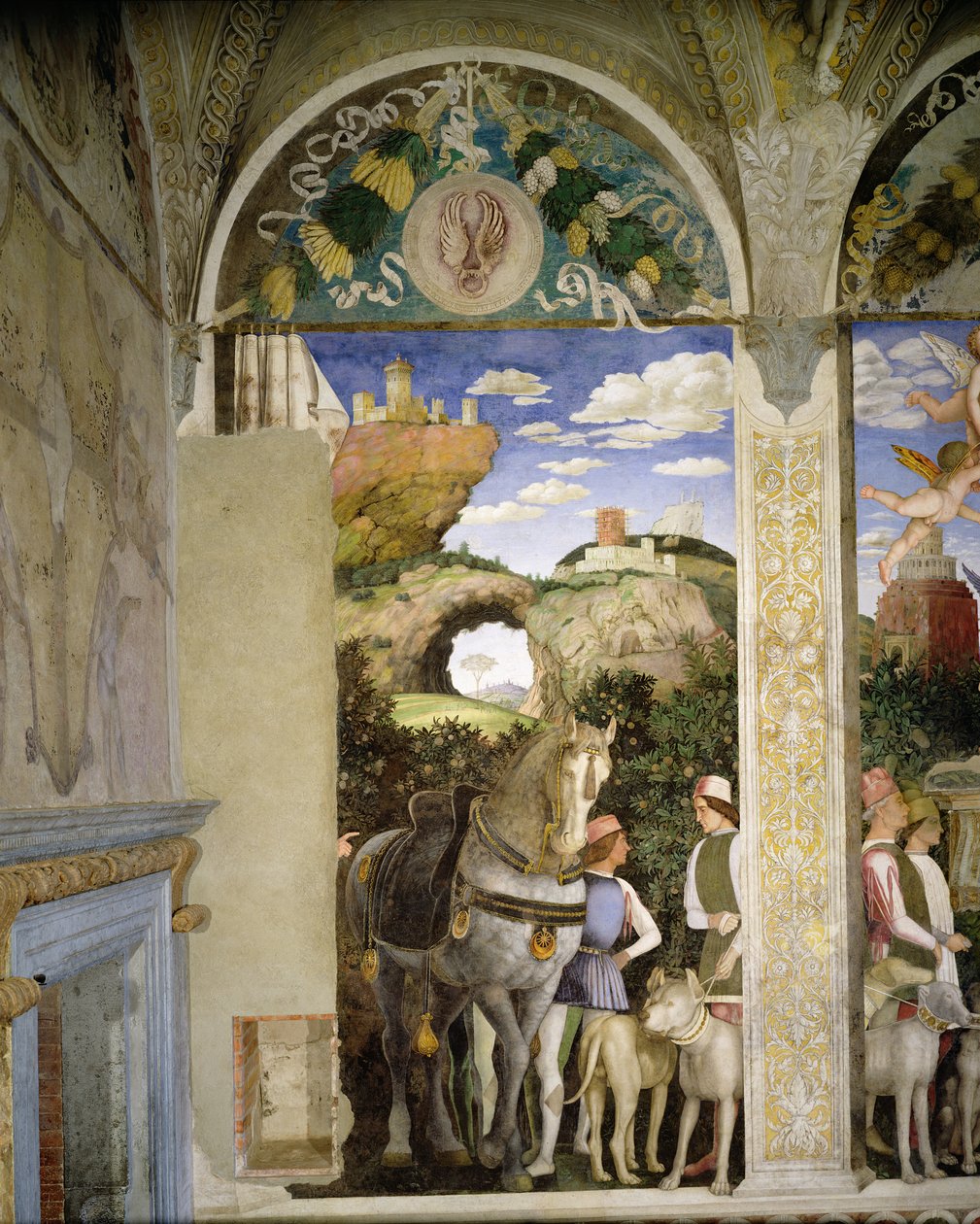 Häst och brudgum med jakthundar, från Camera degli Sposi eller Camera Picta, 1465-74 (detalj av 78449) av Andrea Mantegna