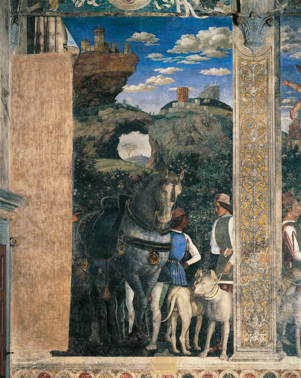 Häst, mastiffer och brudgummar av greve Ludovico Gonzaga, detalj från Meeting Wall, av Andrea Mantegna (1431-1606), fresk, San Giorgio-slottet, Bröllopskammaren eller Camera Picta, Mantua, 1465-1474 av Andrea Mantegna