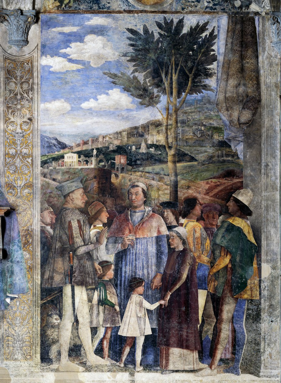 L. Gonzaga, hans söner kardinal Francesco Gonzaga, Federico I Gonzaga, Francesco, Sigismondo, till höger, den helige romerske kejsaren Fredrik III, Christian I av Danmark, Mötesvägg, detalj (fresk) av Andrea Mantegna