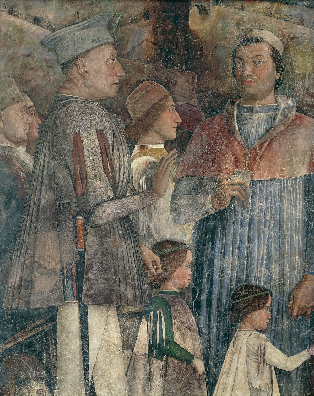 Ludvig II, kardinal Francesco, Francesco II och Sigismondo Gonzaga, detalj från mötesväggen av Andrea Mantegna