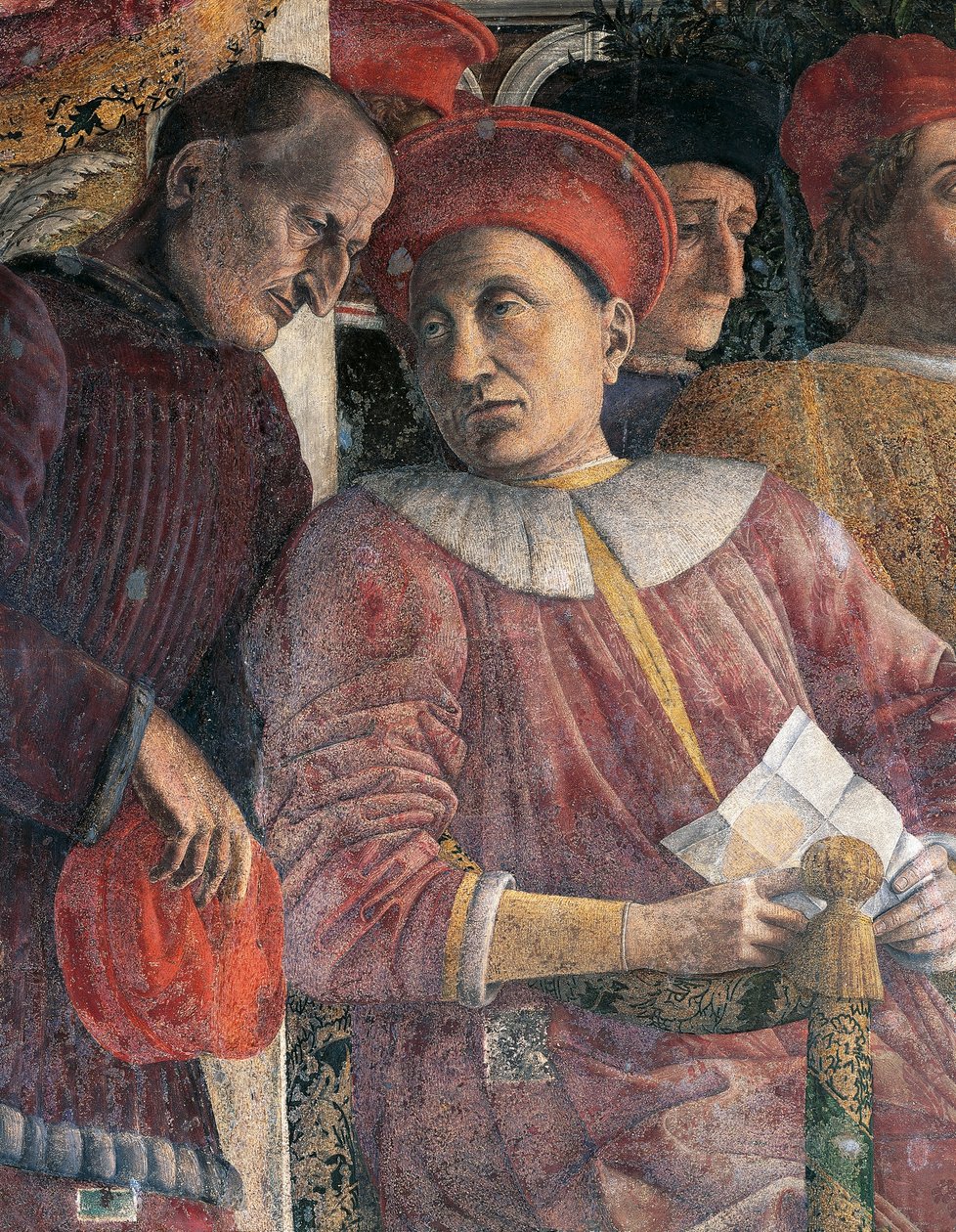 Ludovico Gonzaga na mshauri Marsilio Andreasi, maelezo kutoka kwa Ukuta wa Mahakama na Andrea Mantegna (1431-1606), fresco, Kasri la San Giorgio, Chumba cha Harusi au Picta ya Kamera, Mantuaswed av Andrea Mantegna