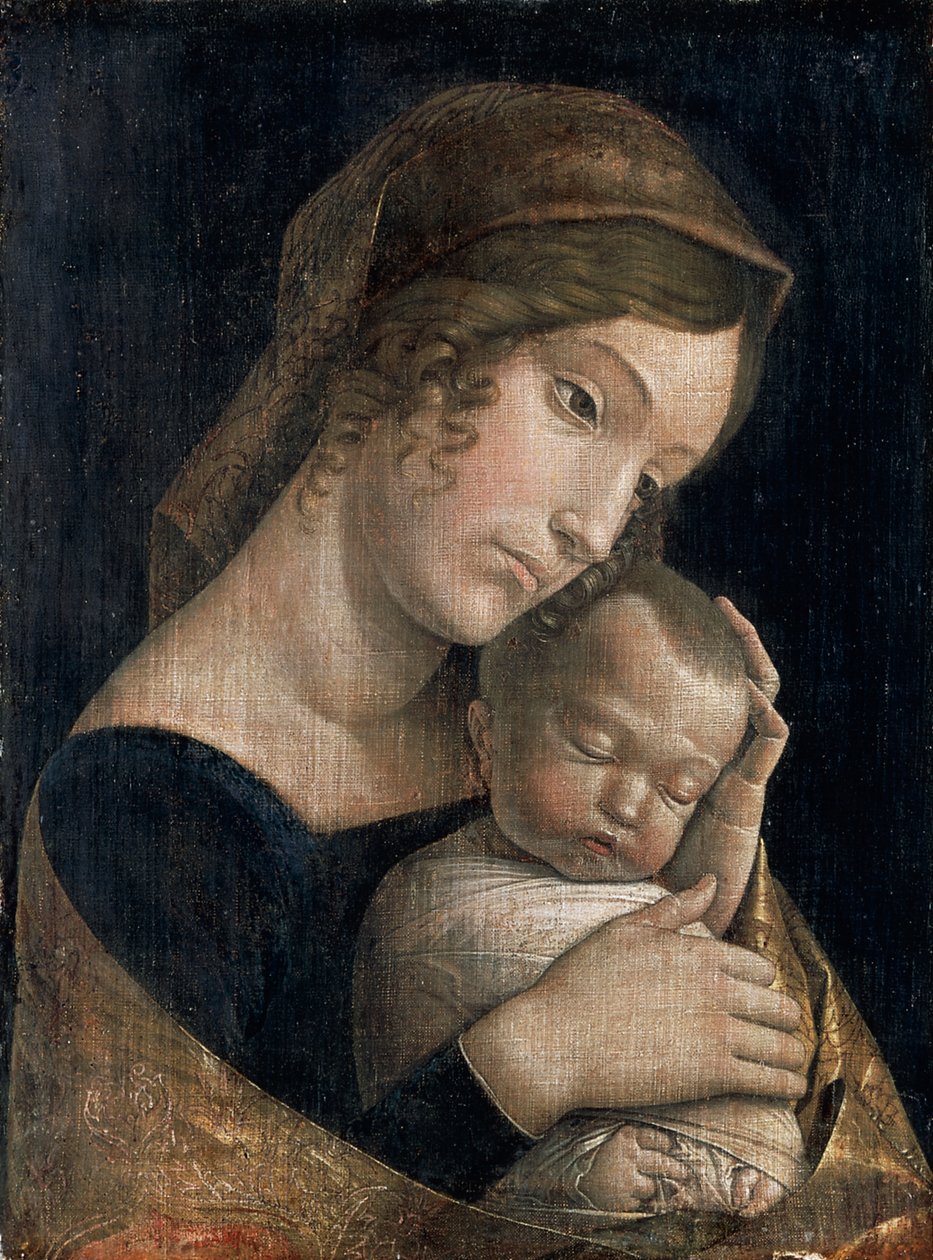 Madonna och sovande barn av Andrea Mantegna (1431-1506), limmad tempera på linne, 43x32 cm av Andrea Mantegna