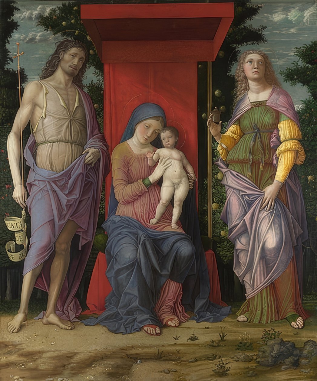 Madonna och barn, Johannes Döparen och Maria Magdalena. Troligen 1490-1505 av Andrea Mantegna
