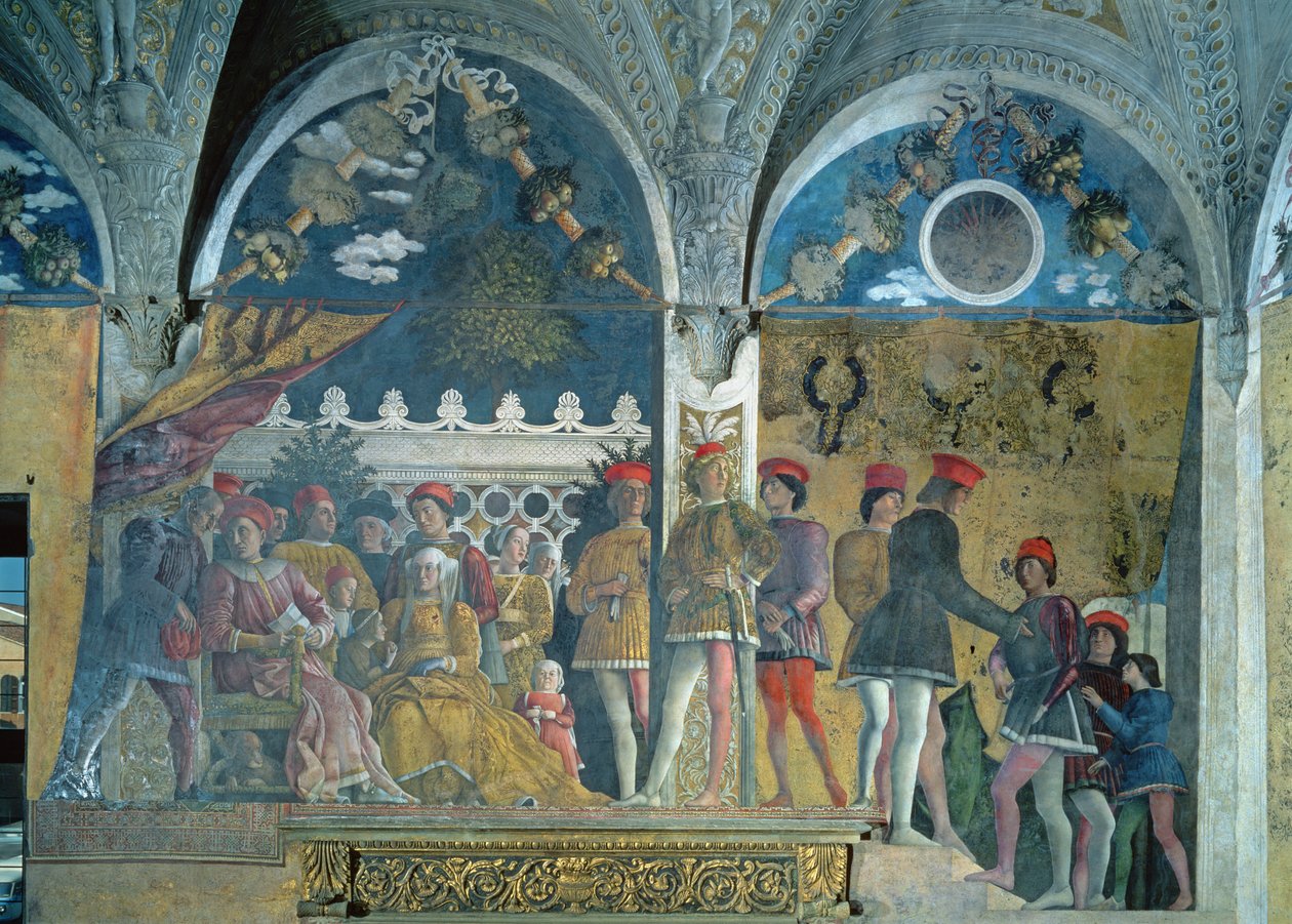 Marchese Ludovico Gonzaga III, hans hustru Barbara av Brandenburg, deras barn, hovmän och deras hund Rubino, från Camera degli Sposi eller Camera Picta, 1465-74 av Andrea Mantegna