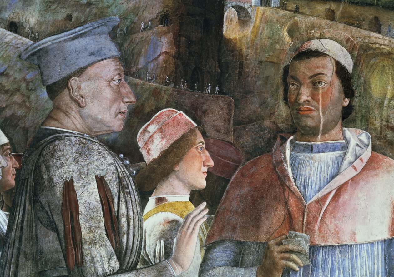 Markis Ludovico Gonzaga III av Mantua regerade 1444-78 och hälsade sin son kardinal Francesco Gonzaga, från Camera degli Sposi eller Camera Picta, 1465-74 freskdetalj av 78449 av Andrea Mantegna