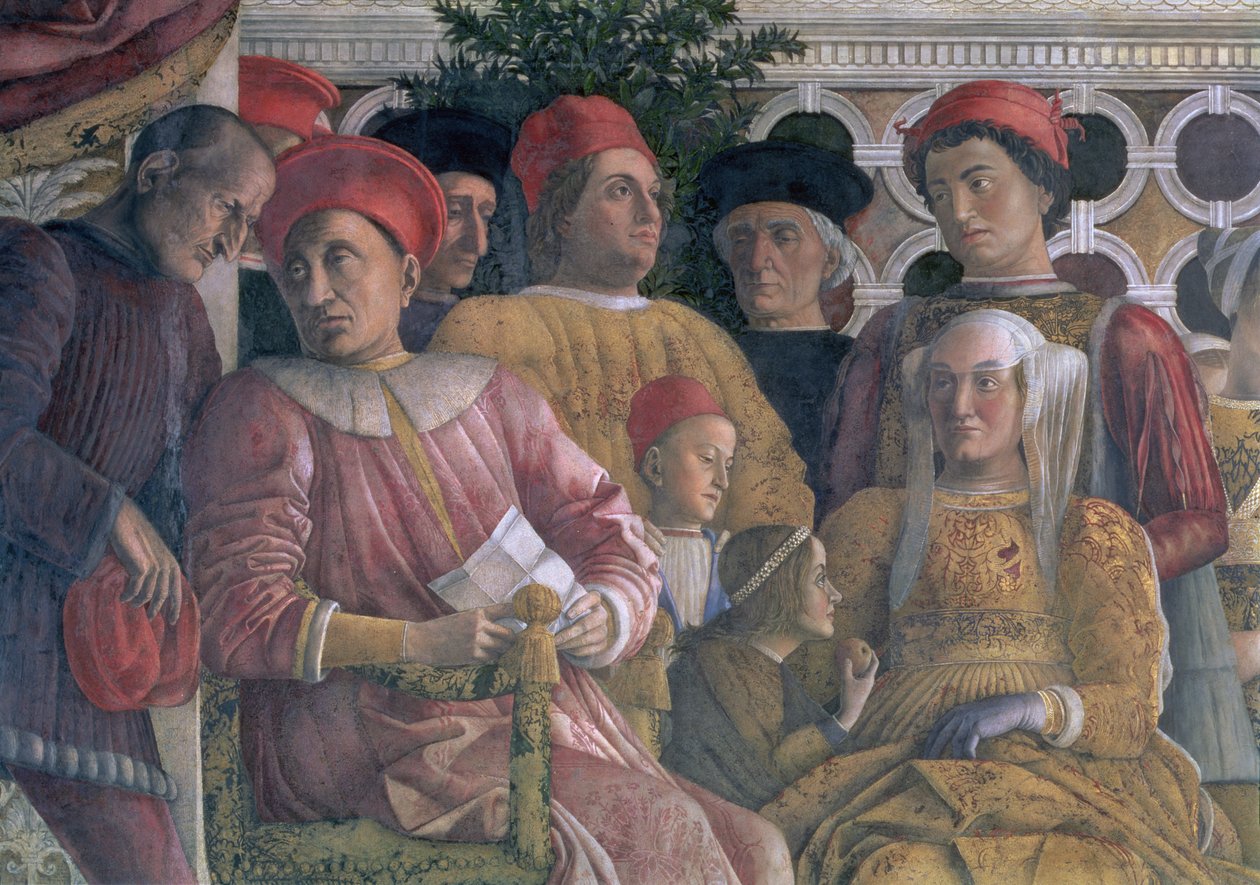Marchese Ludovico Gonzaga III av Mantua regerade 1444-78, hans hustru Barbara av Brandenburg, barn och hovmän, från Camera degli Sposi eller Camera Picta, 1465-74 freskdetalj av 78449 av Andrea Mantegna