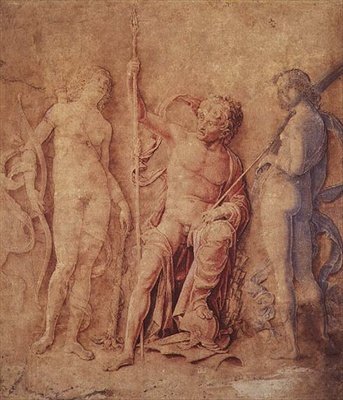 Mars, Diana och Iris (?) 1446-1506 (penna och brunt bläck, med brun, röd och blå tvätt, förhöjd med vit, på papper missfärgad brun) av Andrea Mantegna
