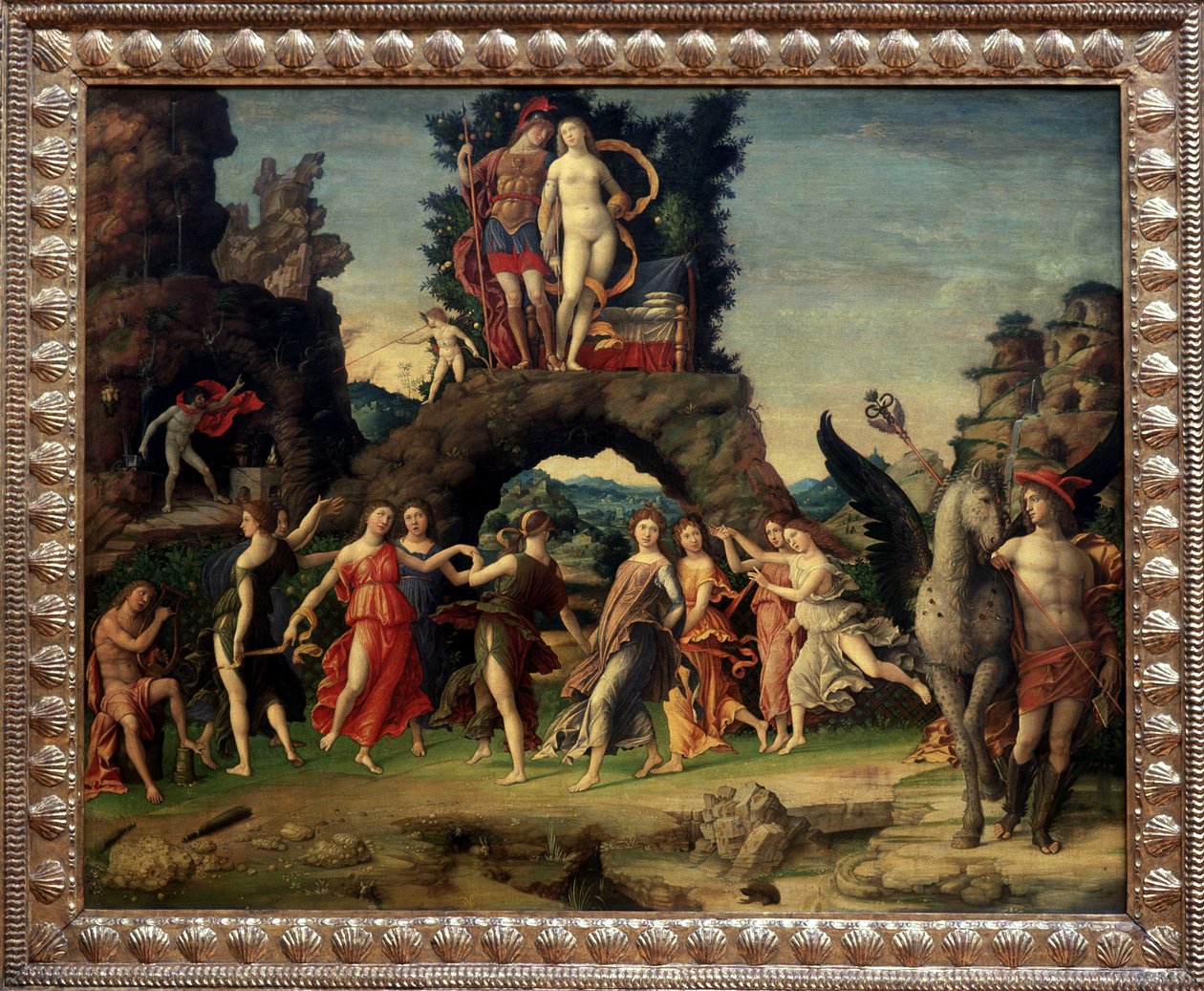 Mars och Venus eller Parnassus. Målning som föreställer Mars och Venus på klippan, Pegase och Merkurius, Apollo och de nio muserna Calliope (episk poesi), Clio (historia), Erato (lyrisk konst), Euterpe (musik), Melpomene (tragedi), Polymnie (retorik), Terp av Andrea Mantegna