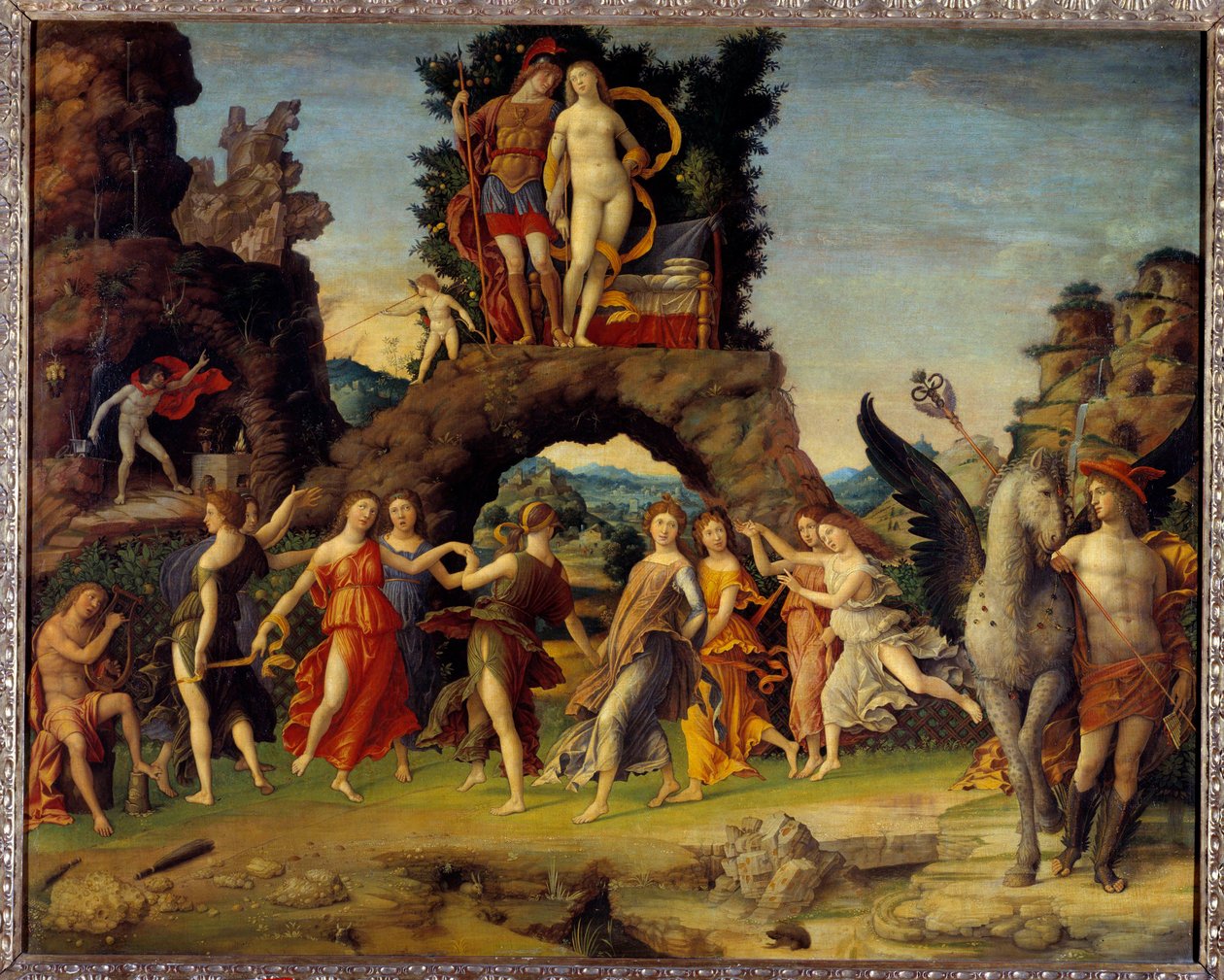 Mars och Venus eller Parnassus. Målning som föreställer Mars och Venus på klippan, Pegase och Merkurius, Apollo och de nio muserna Calliope (episk poesi), Clio (historia), Erato (lyrisk konst), Euterpe (musik), Melpomene (tragedi), Polymnie (retorik), Terp av Andrea Mantegna