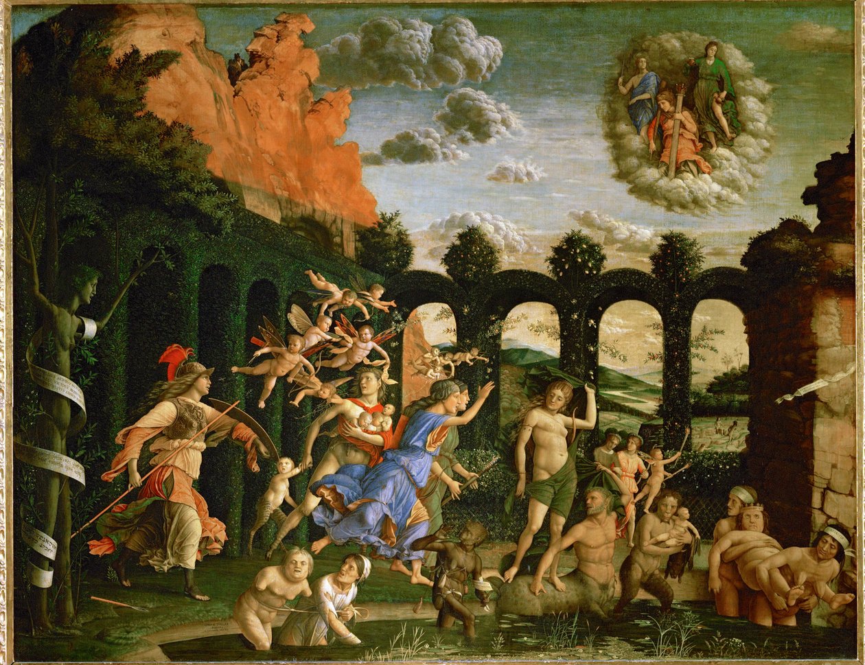 Minerva, visdom, jagar lasterna från dygdens trädgård ... av Andrea Mantegna