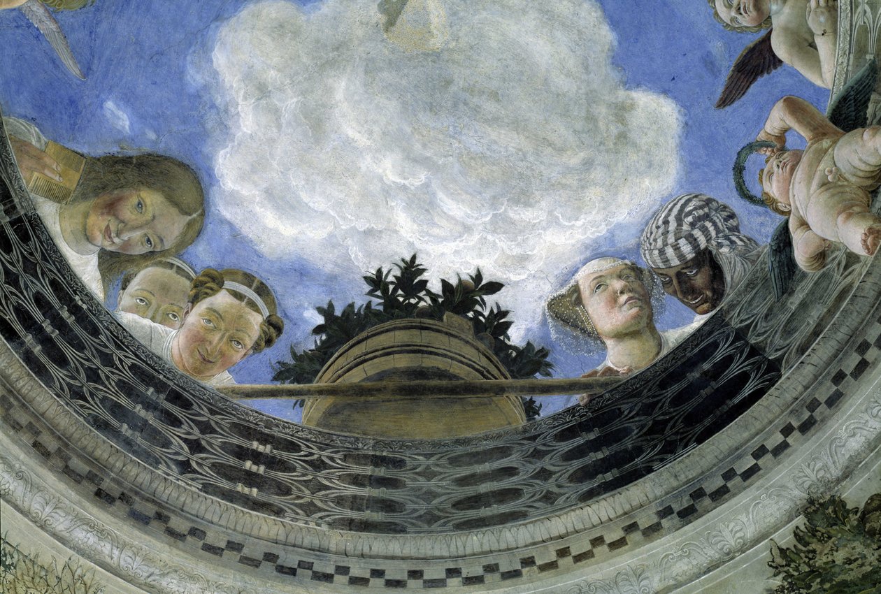 Occulus av taket i House of Spouses, Ducal Palace of Mantua, Italien (Camera degli Sposi, Palazzo Ducale, Mantova): detalj av allegoriska figurer och putti. Fresk av Andrea Mantegna (1431-1506) av Andrea Mantegna