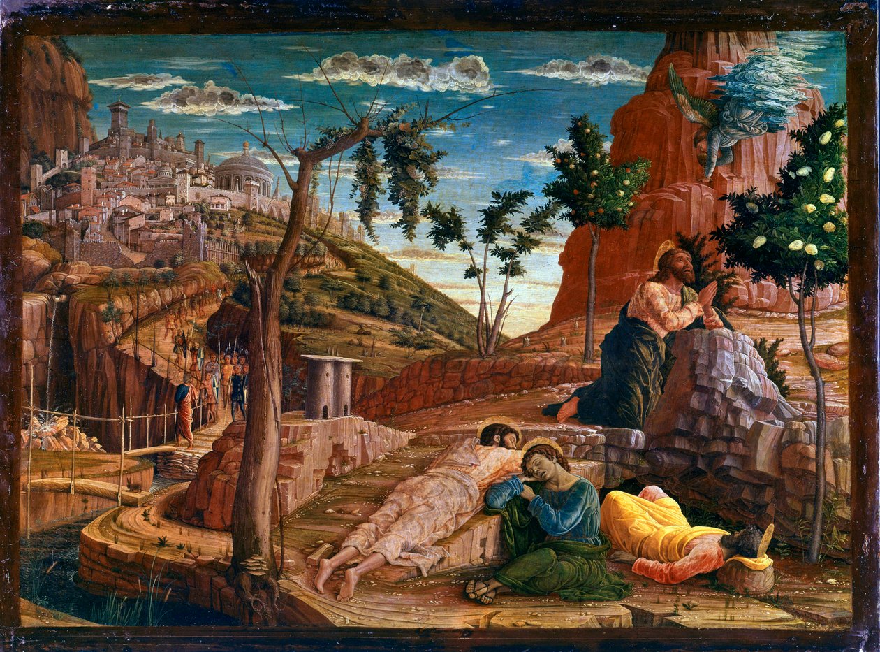 Bön i Olivträdgården Efter den sista måltiden går Kristus till Getsemanis berg, som dominerar Jerusalem med apostlarna. Romerska soldater närmar sig för att stoppa honom. Altartavla av San Zeno de Verona. Målning (tempera) på trä av Andrea Man av Andrea Mantegna