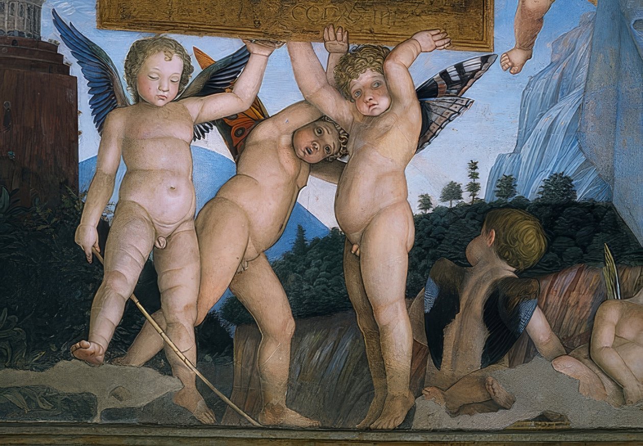 Putti med fjärilsvingar som håller en dedikationsplakett (detalj). 1465-74 av Andrea Mantegna
